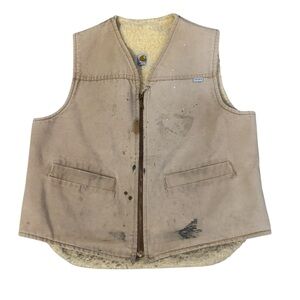 VTG Carhartt Sherpa Lined Canvas Zip Up Vest Mens Large Beige USA Made 90s